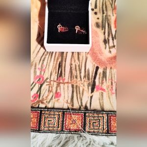 NIB Pandora 14K Rose Gold Plated Over Silver Pink Murano Glass CZ Leaf Earrings